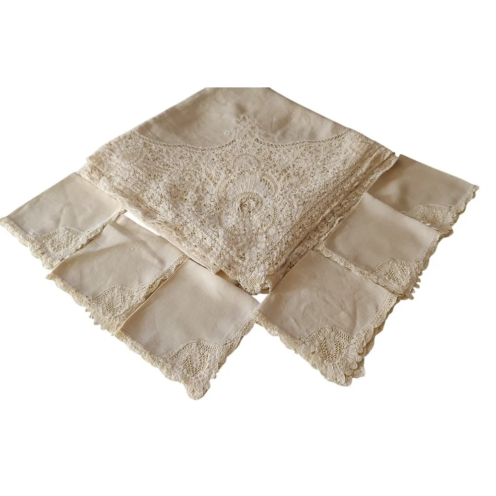 Vintage Irish Battenberg Lace Tablecloth and Six Napkins Set Cotton 56x59 Inches